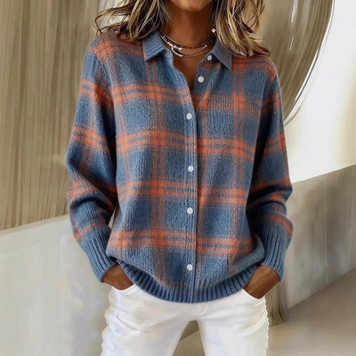 Women's casual plaid long-sleeve collared shirt cardigan开衫