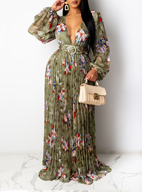 Lady new autumn pleated process sexy big V-neck printed dres