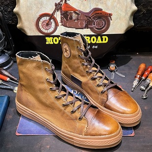 帆布马丁短靴男潮牌 板鞋 原创设计感美式 复古真皮高帮平底牛皮工装