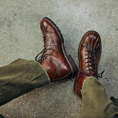 鞋 美式 复古真皮棕色猎鸭靴高帮英伦植鞣头层牛皮工装 男伞兵马丁靴