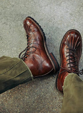 美式复古真皮棕色猎鸭靴高帮英伦植鞣头层牛皮工装鞋男伞兵马丁靴