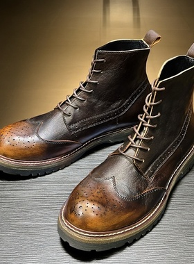 美式复古布洛克英伦风圆头工装马丁机车短靴男款百搭高帮真皮鞋潮
