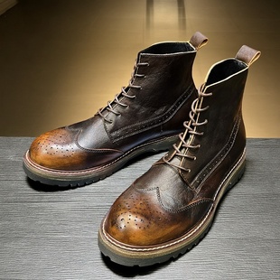 百搭高帮真皮鞋 马丁机车短靴男款 潮 复古布洛克英伦风圆头工装 美式