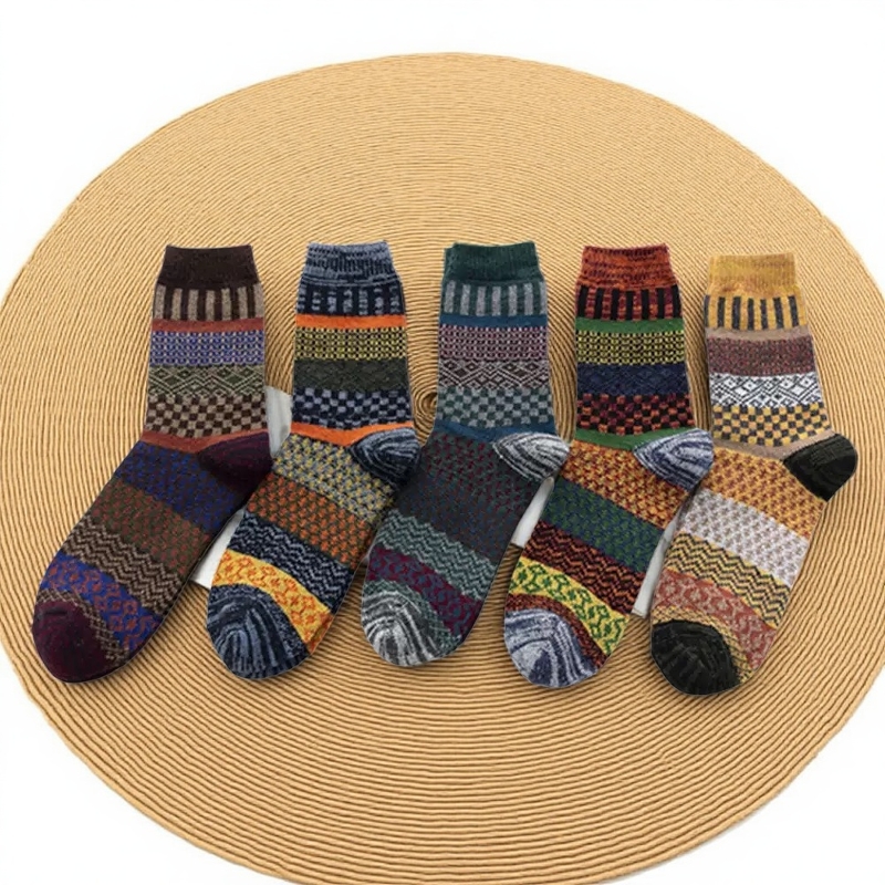 厚实日系民族风纯棉针织粗线袜子