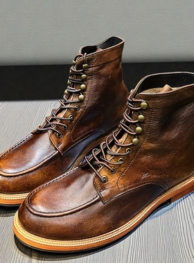 美式复古高帮真皮擦色工装鞋头层牛皮靴男英伦风棕色马丁短靴潮牌