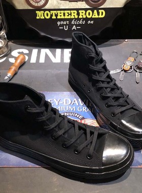 日系黑色休闲高帮运动帆布鞋男女冈山久留米硫化鞋ins百搭韩版潮