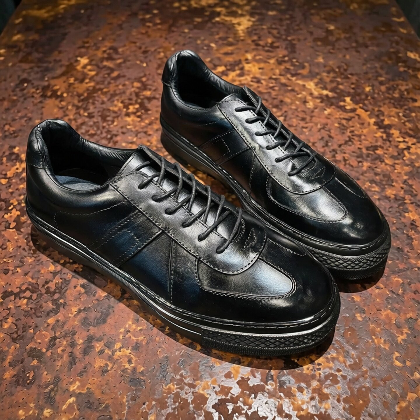 复古工装板鞋真皮低帮透气男鞋日系休闲黑色运动风纯牛皮德训练鞋