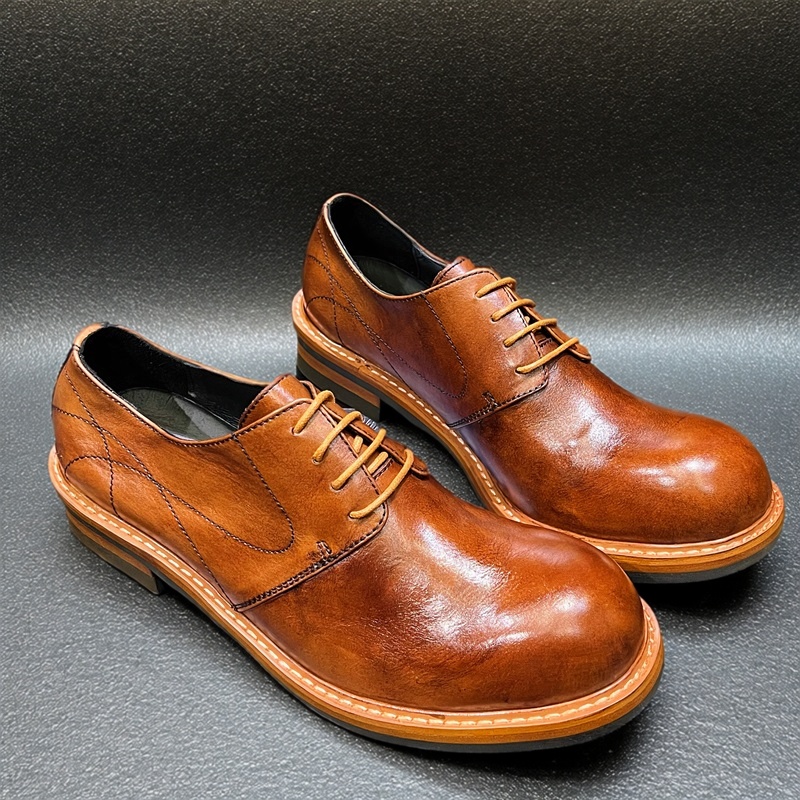 日式手工厚底做旧圆头透气德比鞋