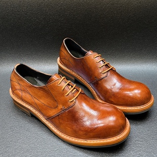 男款 美式 低帮大头层牛皮德比皮鞋 鞋 复古英伦真皮休闲做旧翘头工装