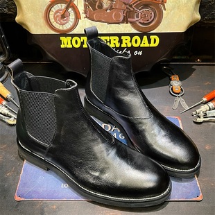 美式 真皮马丁短靴圆头层牛皮靴子 复古英伦风中帮黑色切尔西靴男鞋