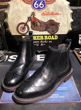 欧美新款百搭真皮布洛克雕花黑色切尔西短靴复古英伦风马丁靴男款