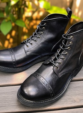 美式复古英伦风圆头工装马丁机车短靴男款高帮真皮黑色伞兵靴男鞋