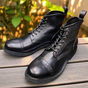 高帮真皮黑色伞兵靴男鞋 马丁机车短靴男款 复古英伦风圆头工装 美式