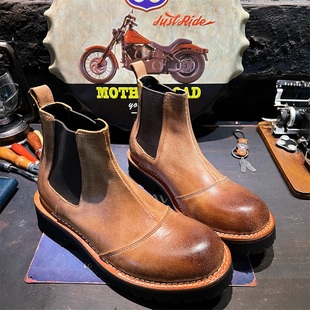 切尔西靴男高帮马丁短靴 鞋 固特异美式 复古圆头植鞣皮擦色真皮工装