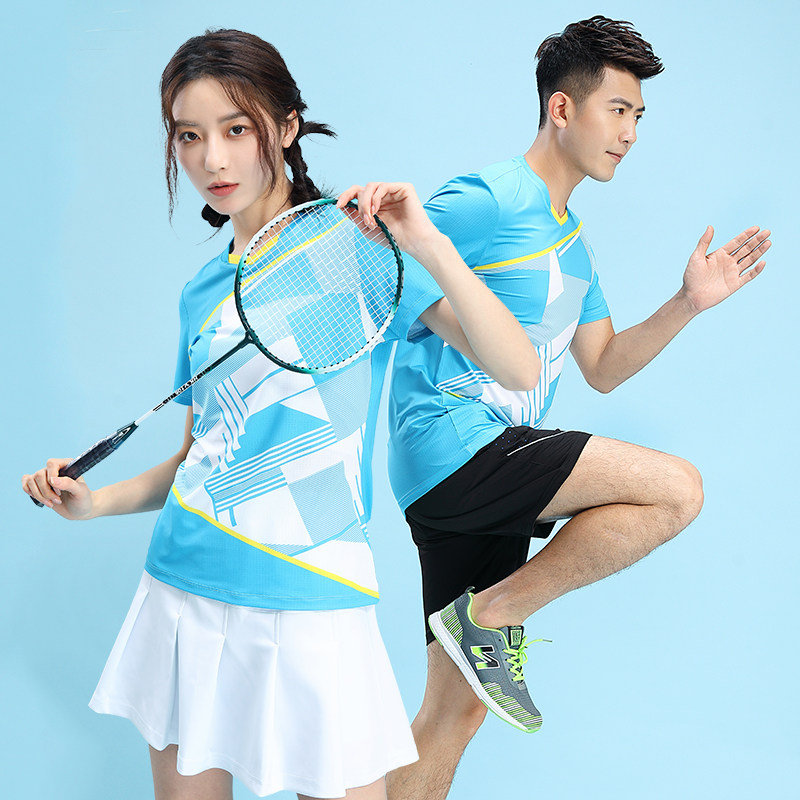 韩版羽毛球服套装男短袖蓝色圆领t恤快干网球裙女排球比赛运动服
