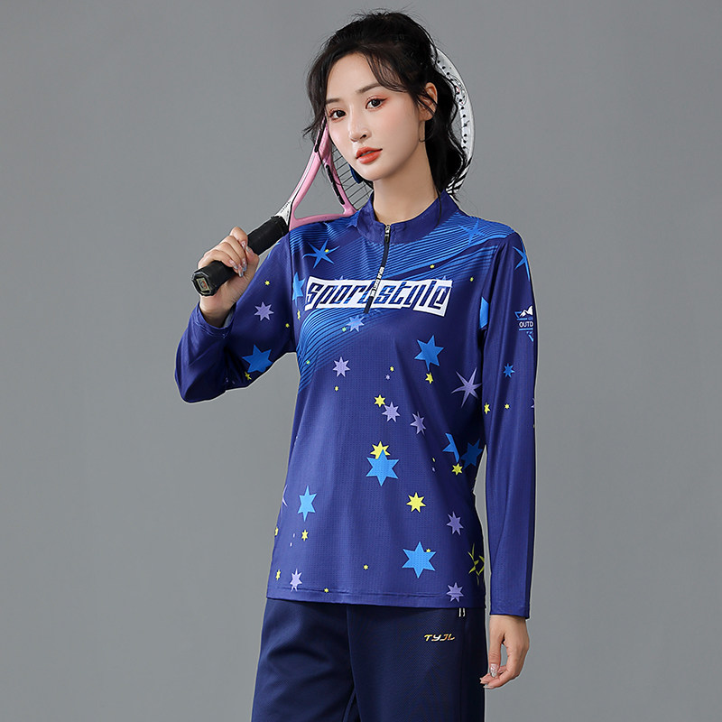 新款网球服套装女长袖立领宝蓝运动服羽毛乒乓球衣速干透气长裤