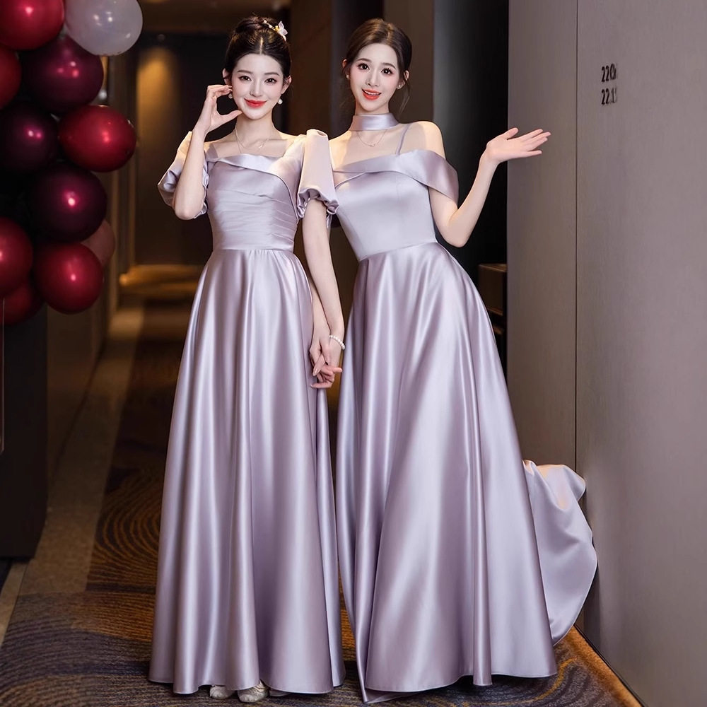 灰紫色伴娘服缎面小众宴会订婚裙