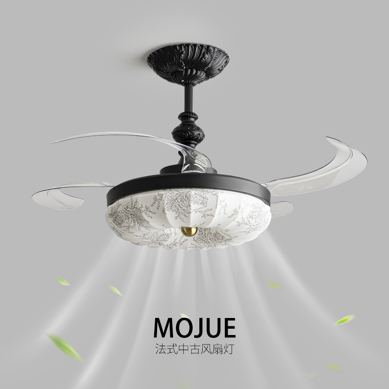 法式覆古中古风饭厅隐形吊扇灯无声2025新款轻奢覆古卧室灯带风扇
