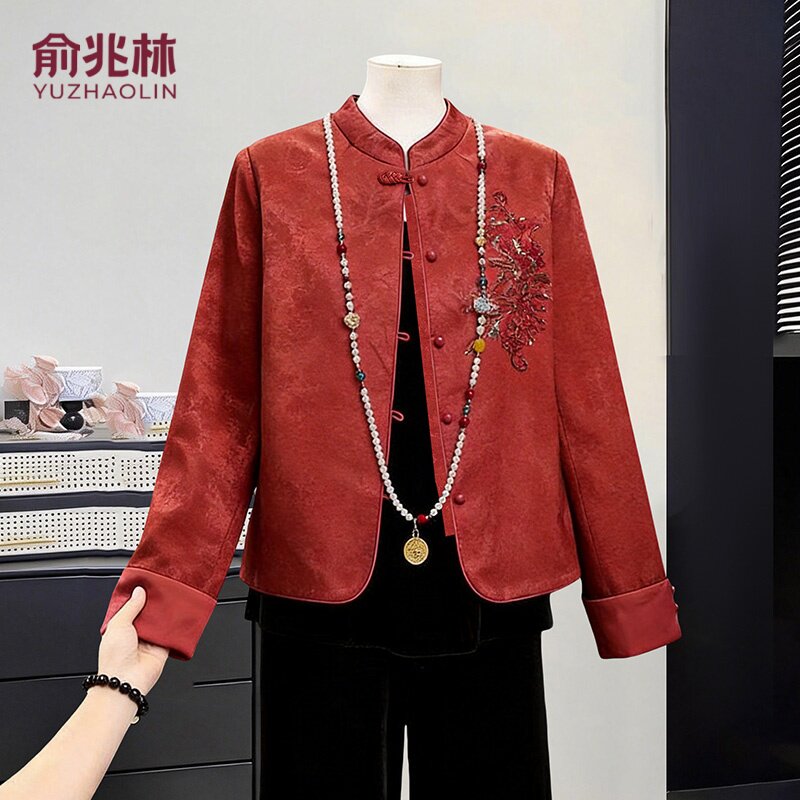 俞兆林气质妈妈春装国风轻薄外套中年圆领新款夹克中老年女士上衣