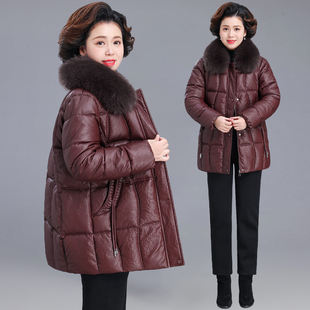 千真鹰50多岁妈妈冬装皮外套中老年女装毛领棉衣中长款加厚棉服