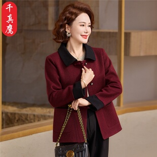 千真鹰时尚妈妈春装毛呢外套中年纯色翻领宽松双面呢中老年女上衣