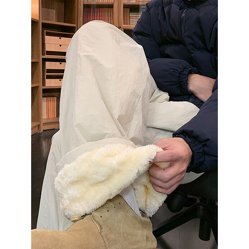 羊羔毛加绒卫裤男款冬季加厚防水滑雪裤宽松直筒保暖棉裤休闲裤子