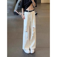 白色泼墨破洞牛仔裤男款夏季痞帅高级感裤子美式高街潮牌微喇叭裤
