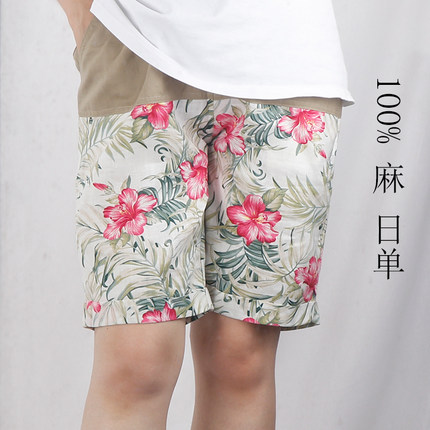 外贸日单文艺女士复古春夏秋款亚麻皮筋抽带花色碎花宽松短裤204