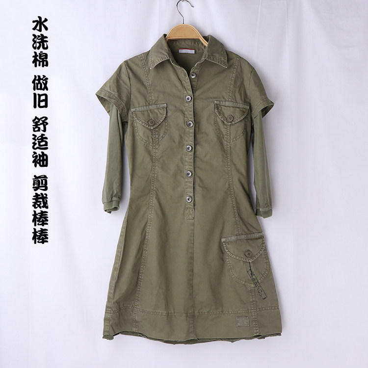 外贸尾单清仓折扣女士军绿色春夏秋水洗棉做旧7分袖休闲连衣裙A2