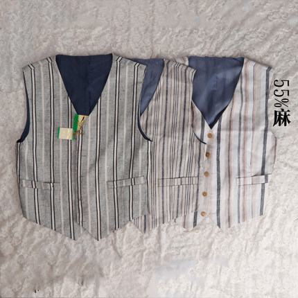 老货棉麻休闲复古女士春秋款直流条休闲马甲外套B189