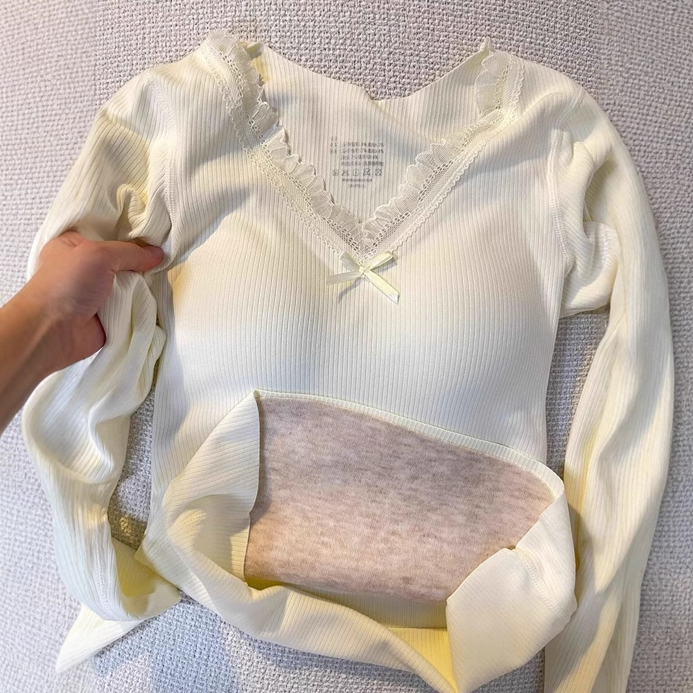 带胸垫蕾丝v领加绒保暖修身上衣2025秋冬季内搭打底衫女保暖加厚