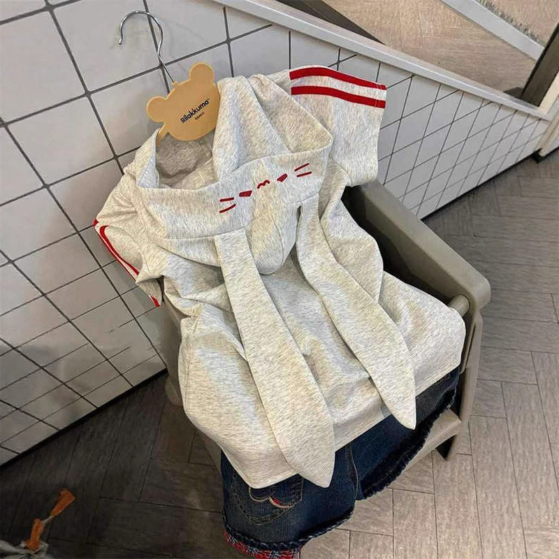 日系宅萌兔子耳朵连帽短袖t恤女夏季新款修身显瘦休闲外套上衣服