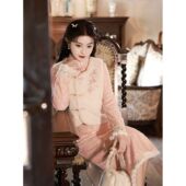 冬款 粉色旗袍2025新款 裙子 加绒加厚保暖淑女唐装 新中式 秋冬季 长袖