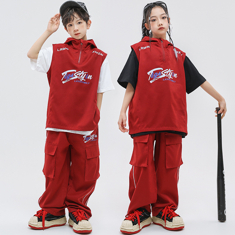 街舞儿童潮服嘻哈帅气马甲工装裤套装练功服男女童少儿hiphop演出