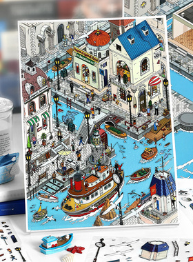 神奇小镇造景贴纸特油工艺infeelme今日营业中24.0复古写实风微缩场景大号3D立体小屋贴画手帐账diy手工玩具