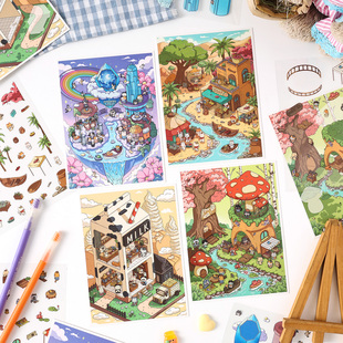 悦真绿洲之旅系列造景贴纸微缩场景沙途果驿陨星法坛3D立体小屋贴画沉浸式手帐手工diy儿童玩具女孩新年礼物