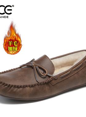 CCE羊毛豆豆鞋冬季加厚保暖英伦一脚蹬疯马牛皮手工缝制男鞋6036