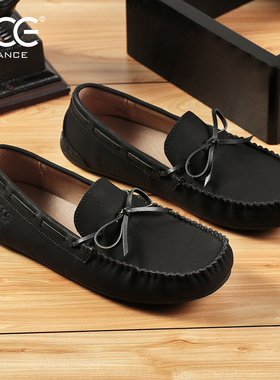 CCE大码疯马牛皮手工男女豆豆鞋情侣款懒人一脚蹬开车鞋男T23020