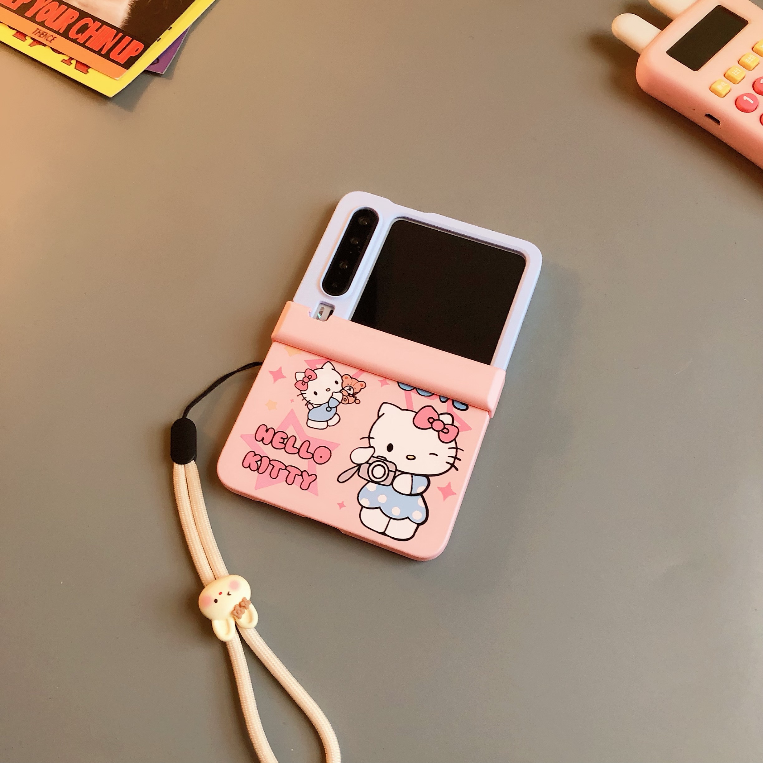 蓝粉撞色KT猫适用小米mixflip2华为purax手机壳pocket2硬磨砂可爱荣耀vflip三星zflip7564卡通女oppofindn3潮