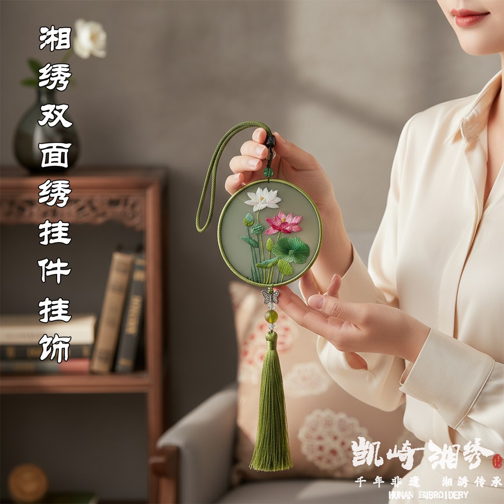 湘绣熊猫双面绣挂件荷花流苏挂饰图片