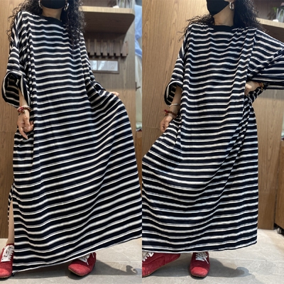 黑色条纹大版胖妹妹慵懒风连衣裙女2025夏季新款休闲长裙T恤裙