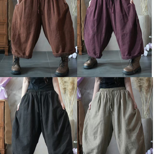 原版麻料女士哈伦裤九分秋冬百搭大码女裤复古质感休闲夹棉拼接裤