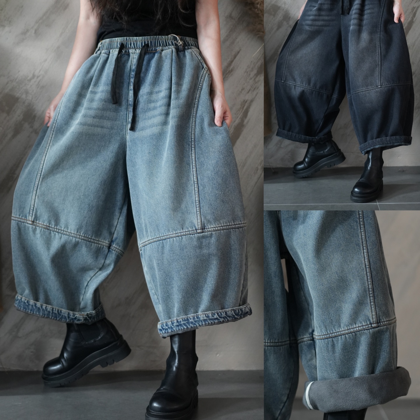 牛仔风高腰加绒保暖阔腿裤女休闲百搭拼接松紧腰冬款新款宽松长裤