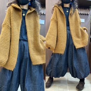 慵懒风连帽柔软舒适针织开衫女秋冬粗毛线百搭加厚毛衣外套