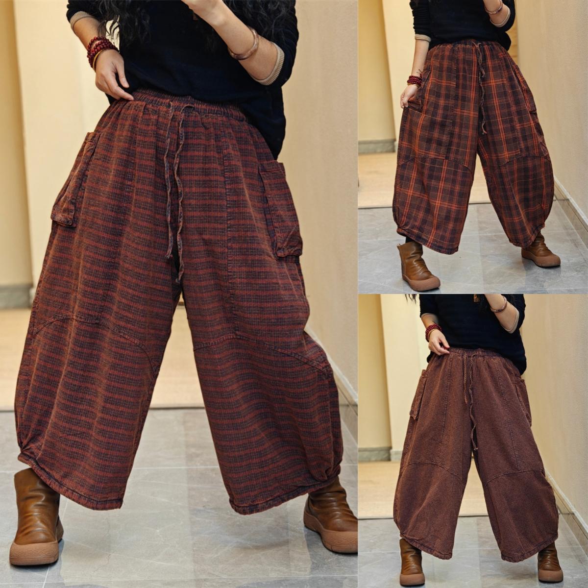 复古做旧夹棉保暖格子棉裤女2024冬季新款松紧腰大口袋工装阔腿裤