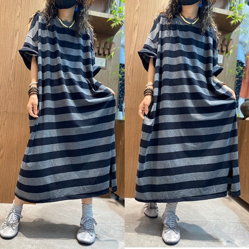 炒色黑灰休闲条纹连衣裙女夏季新款显瘦宽松长裙高级感气质T裙