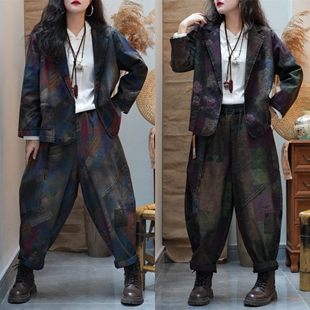 2025春韩版宽松时尚休闲牛仔印花套装女双口袋西服+松紧腰哈伦裤