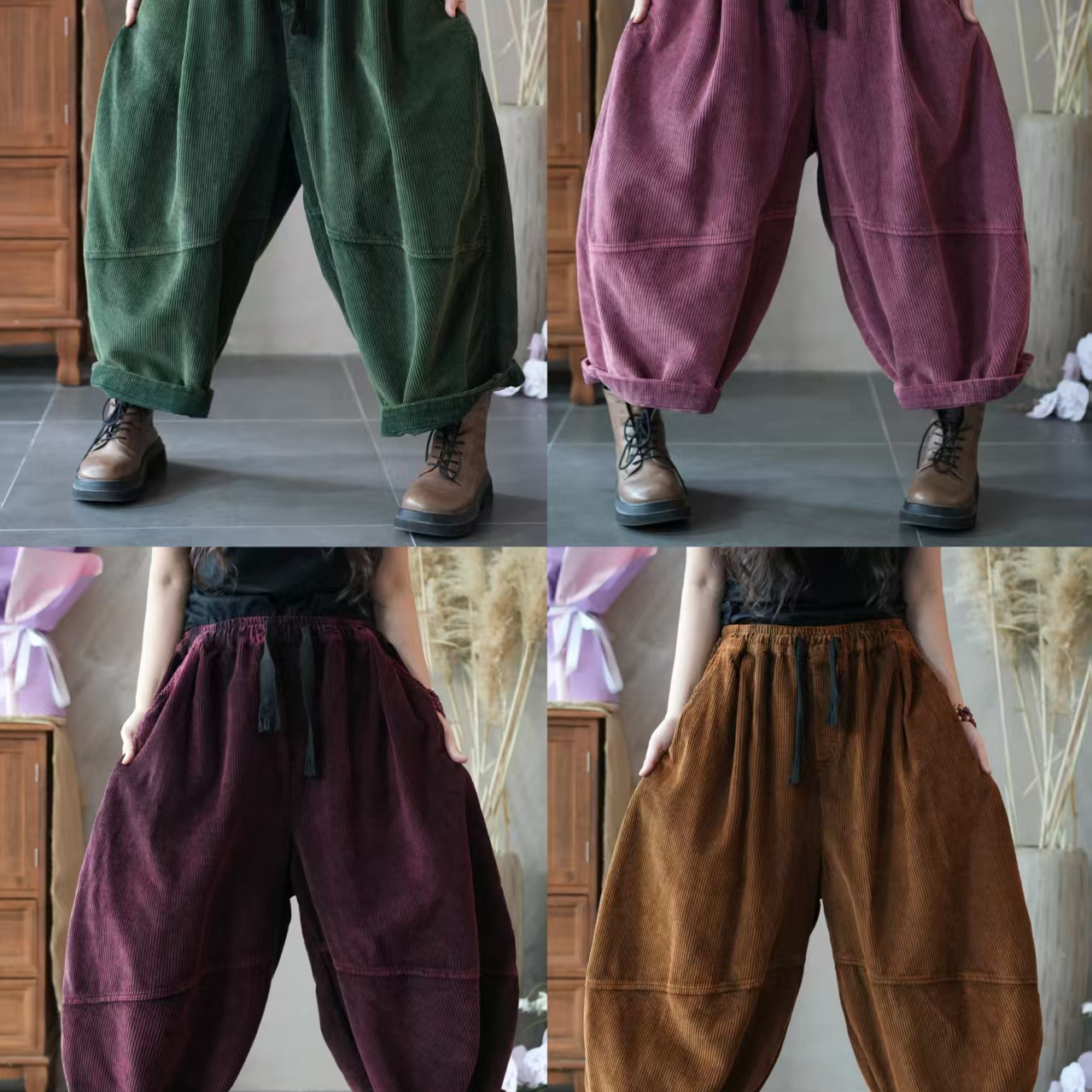 大码女裤灯芯绒女士哈伦裤多色宽松休闲条绒女裤松紧腰显瘦百搭