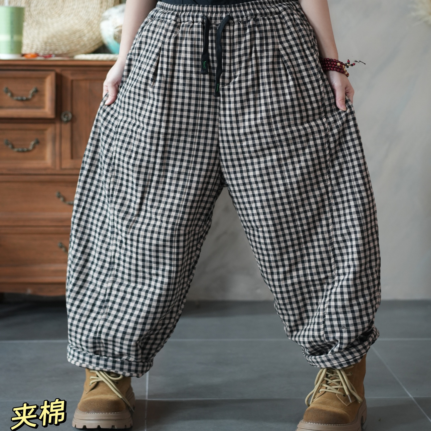 复古夹棉格子灯笼裤女秋冬棉裤宽松束脚哈伦裤亚麻休闲裤大码显瘦