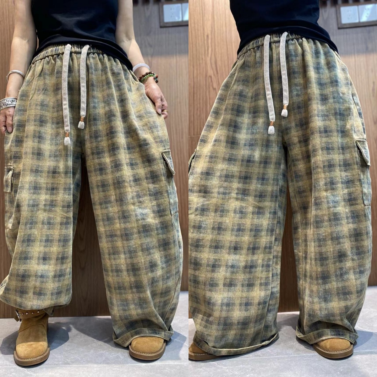 复古文艺大码松紧腰格子裤女2025秋季新款抽绳宽松工装阔腿裤